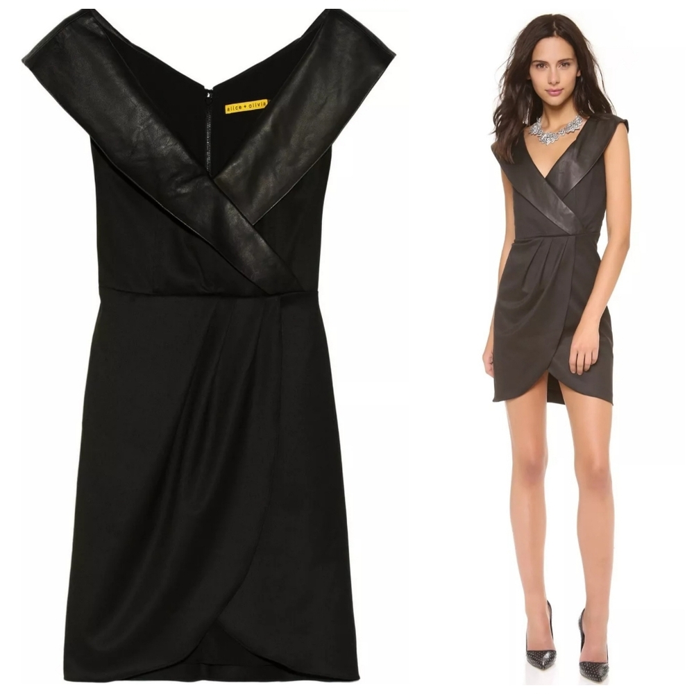 Alice + olivia Shayna Leather Trim Shawl Collar Faux Wrap Black Dress - Picture 5 of 15